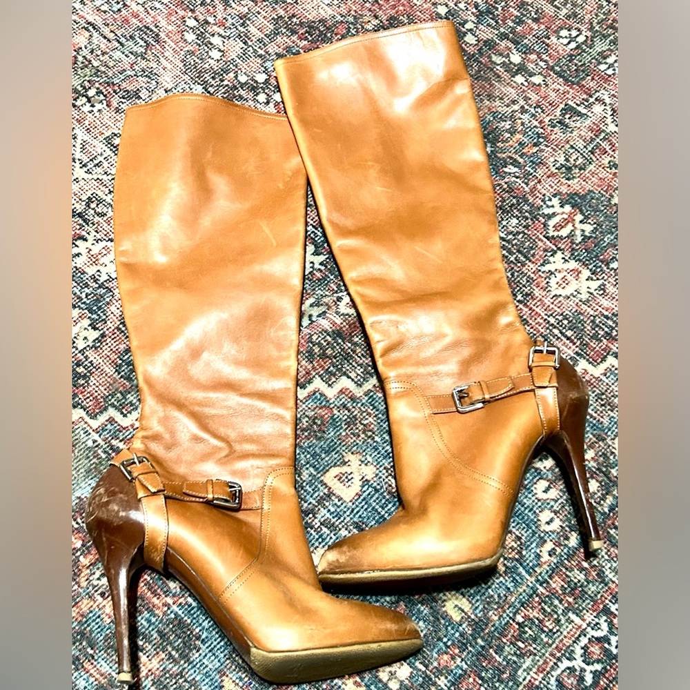 Ralph Lauren Camel Brown Leather Knee-High Heeled Boots